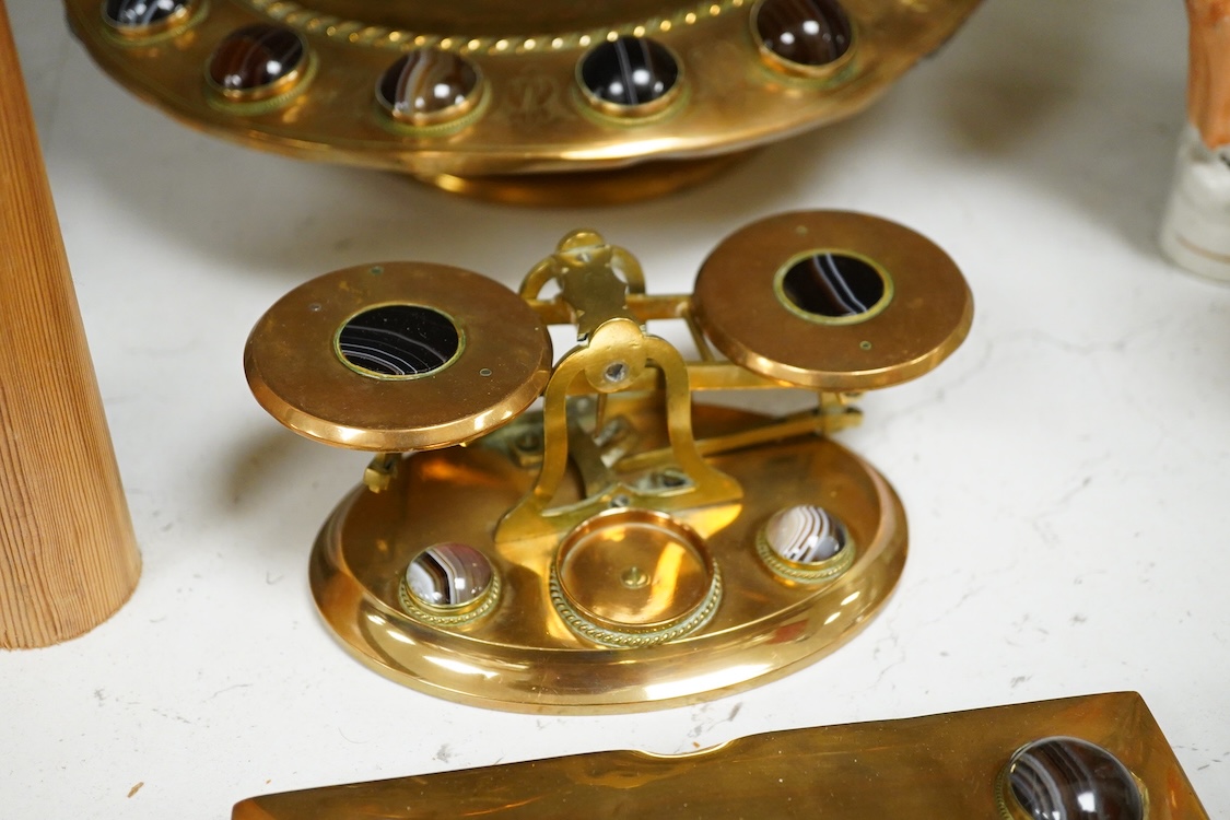 A Victorian brass and agate cabochon mounted set desk set and similar pedestal dish- 29cm diameter.